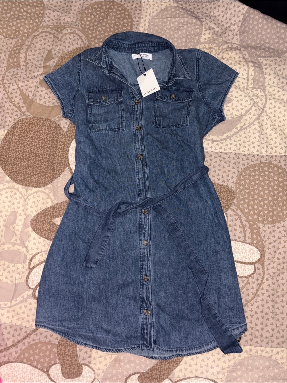 Casual Short-Sleeve Denim Shirt Dress - Blue
